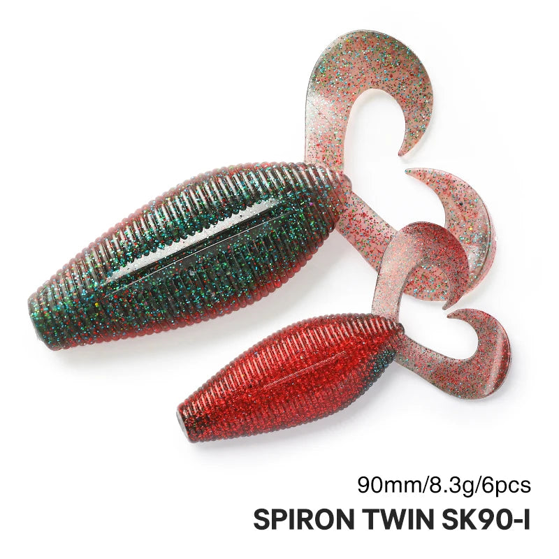 TSURINOYA Twin Tail Creature Bait SPIRON TWIN 90mm 8.5g 6pcs Soft Plastic Bait Gurled Tail Grub Soft Fishing Lure For Bass Game