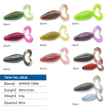 TSURINOYA Twin Tail Creature Bait SPIRON TWIN 90mm 8.5g 6pcs Soft Plastic Bait Gurled Tail Grub Soft Fishing Lure For Bass Game