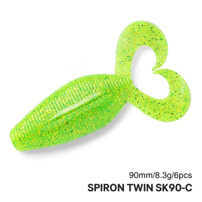 TSURINOYA Twin Tail Creature Bait SPIRON TWIN 90mm 8.5g 6pcs Soft Plastic Bait Gurled Tail Grub Soft Fishing Lure For Bass Game