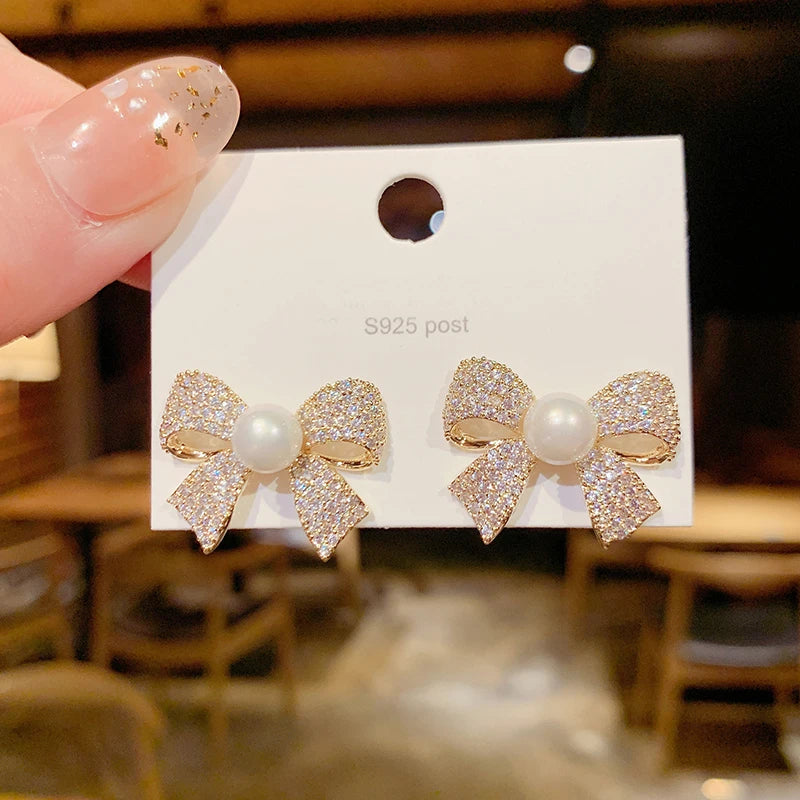 New Brand Sweet Korean Fashion Stylish Simple Charm Zircon Bow Stud Earring For Women Girls Party Cute Jewelry Gift LS649