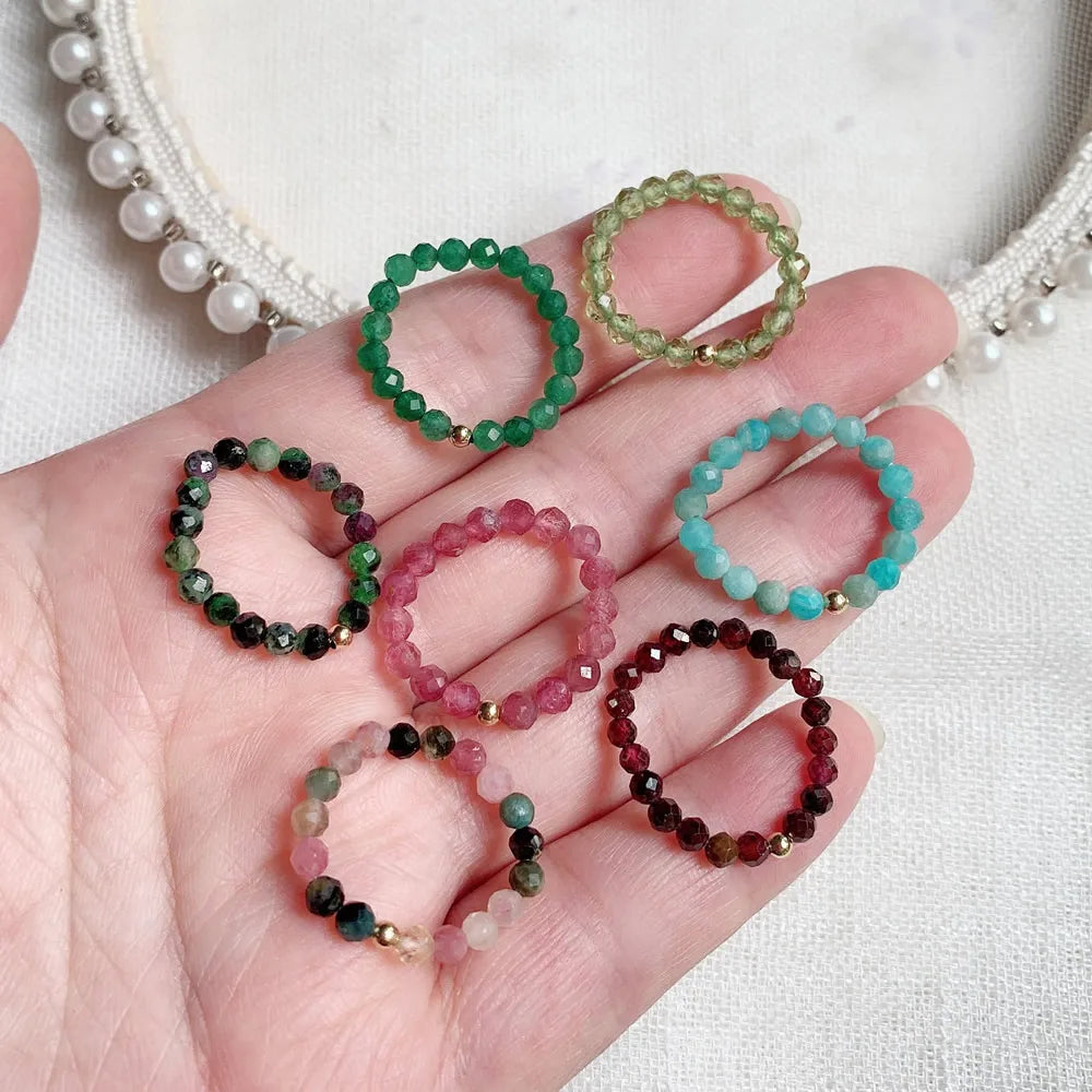 Natural Crystal Rings for Women Small Beads Shiny Quartz Garnets Agates Pink Tourmaline Minimalism Elastic Adjustable Ring Boho