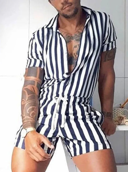 Men's Striped Romper Shorts Fashion Casual Playsuit Short Sleeve Button-down Shorts Lapel Jumpsuit Drawstring Streetwear S-3XL