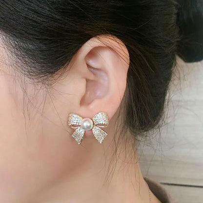 New Brand Sweet Korean Fashion Stylish Simple Charm Zircon Bow Stud Earring For Women Girls Party Cute Jewelry Gift LS649