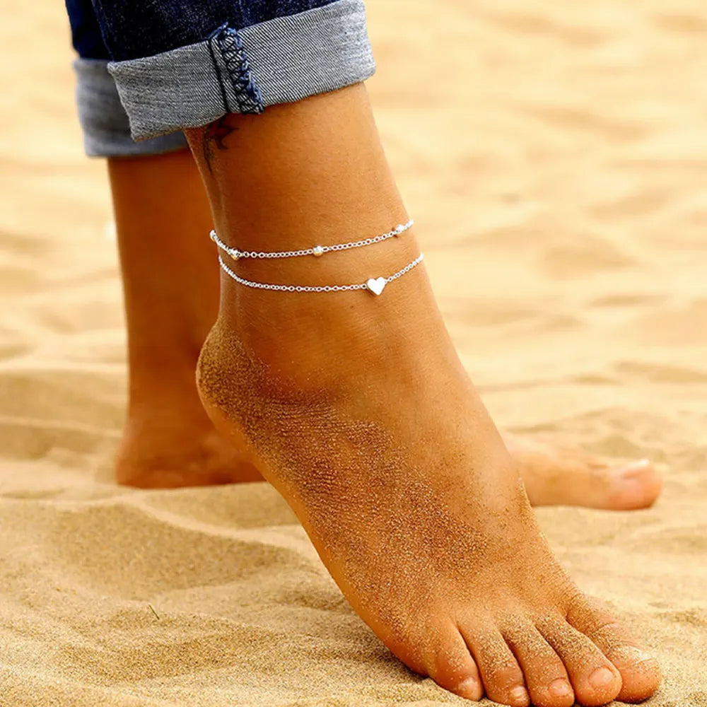 Simple Heart Ankle Layering Pendant Anklet Beaded Foot Jewelry Summer Beach Anklets On Foot Ankle Bracelets For Women Leg Chain