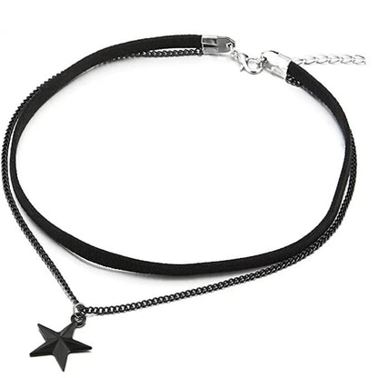 Ladies Womens Two-Rows Black Choker Necklace with Black Chain and Pentagram Star Charm Pendant Multilayer Collar Necklace