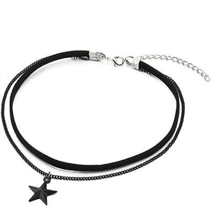 Ladies Womens Two-Rows Black Choker Necklace with Black Chain and Pentagram Star Charm Pendant Multilayer Collar Necklace