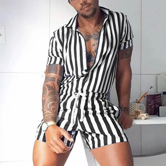 Men's Striped Romper Shorts Fashion Casual Playsuit Short Sleeve Button-down Shorts Lapel Jumpsuit Drawstring Streetwear S-3XL