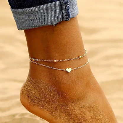 Simple Heart Ankle Layering Pendant Anklet Beaded Foot Jewelry Summer Beach Anklets On Foot Ankle Bracelets For Women Leg Chain