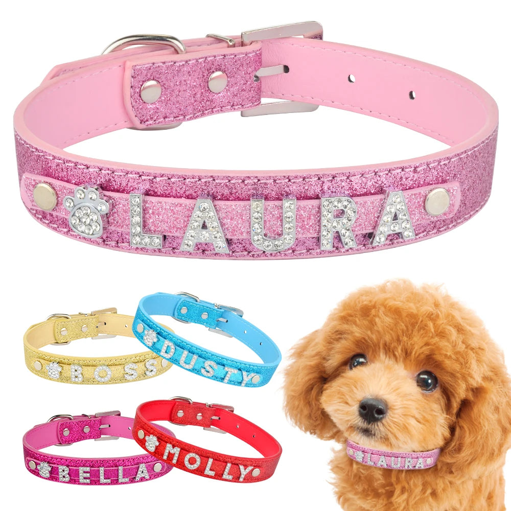 Personalized Dog Collar Leather Rhinestone Bling Charms Custom Pet Dogs Cat Name