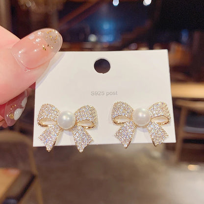 New Brand Sweet Korean Fashion Stylish Simple Charm Zircon Bow Stud Earring For Women Girls Party Cute Jewelry Gift LS649