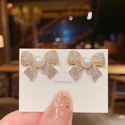 New Brand Sweet Korean Fashion Stylish Simple Charm Zircon Bow Stud Earring For Women Girls Party Cute Jewelry Gift LS649