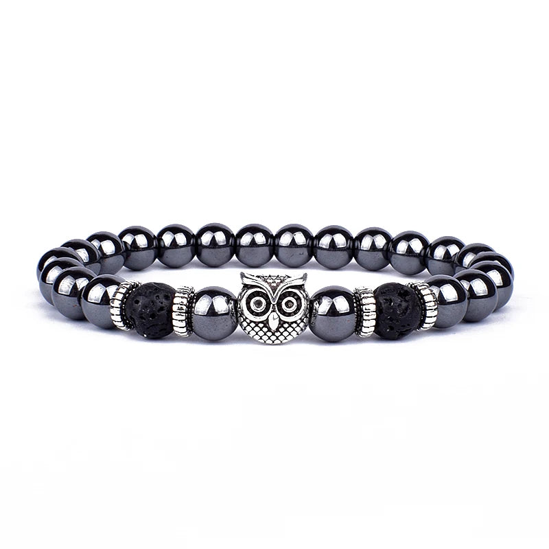 Vintage Hematite Owl Charm Bracelets Men Lava Stone Crown Warrior Helmet Bracelets & Bangles for Women Friendship Jewelry Gift