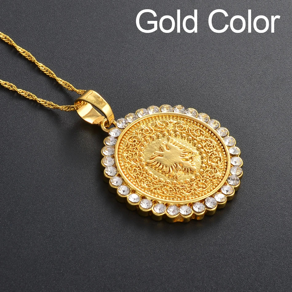 Anniyo Round Albania Eagle Pendant Necklace Gold Color/Silver Color Albanian Charms Jewelry @231606