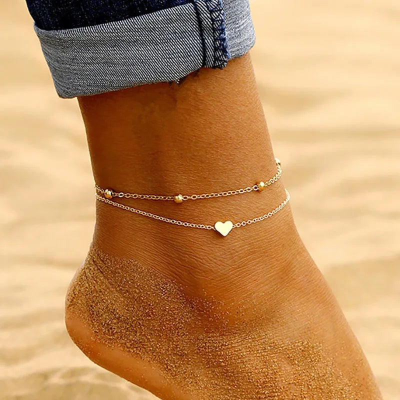 Simple Heart Ankle Layering Pendant Anklet Beaded Foot Jewelry Summer Beach Anklets On Foot Ankle Bracelets For Women Leg Chain