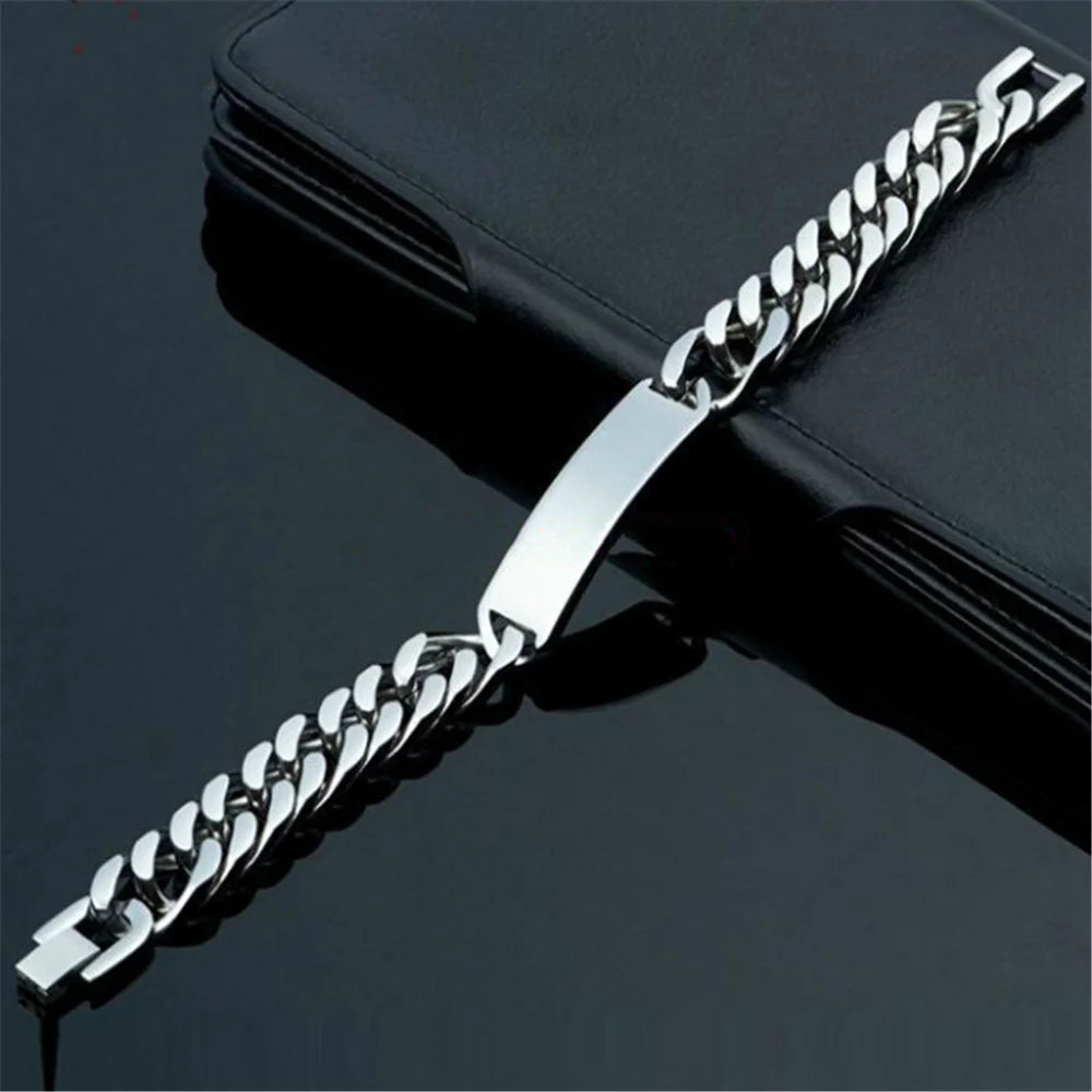 8.66" High Polished Silver Color Bracelet Stainless Steel Mens ID Link Bracelet Double Cuban Curb Chain Cool Men's Jewelry