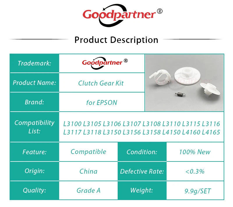 10X CLUTCH GEAR KIT for EPSON L3100 L3101 L3110 L3115 L3116 L3150 L3151 L3156 L3158 L3160 L4150 L4160 L4165 L5190 L6178 L6198
