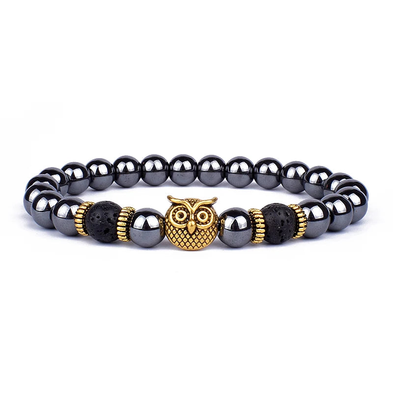 Vintage Hematite Owl Charm Bracelets Men Lava Stone Crown Warrior Helmet Bracelets & Bangles for Women Friendship Jewelry Gift