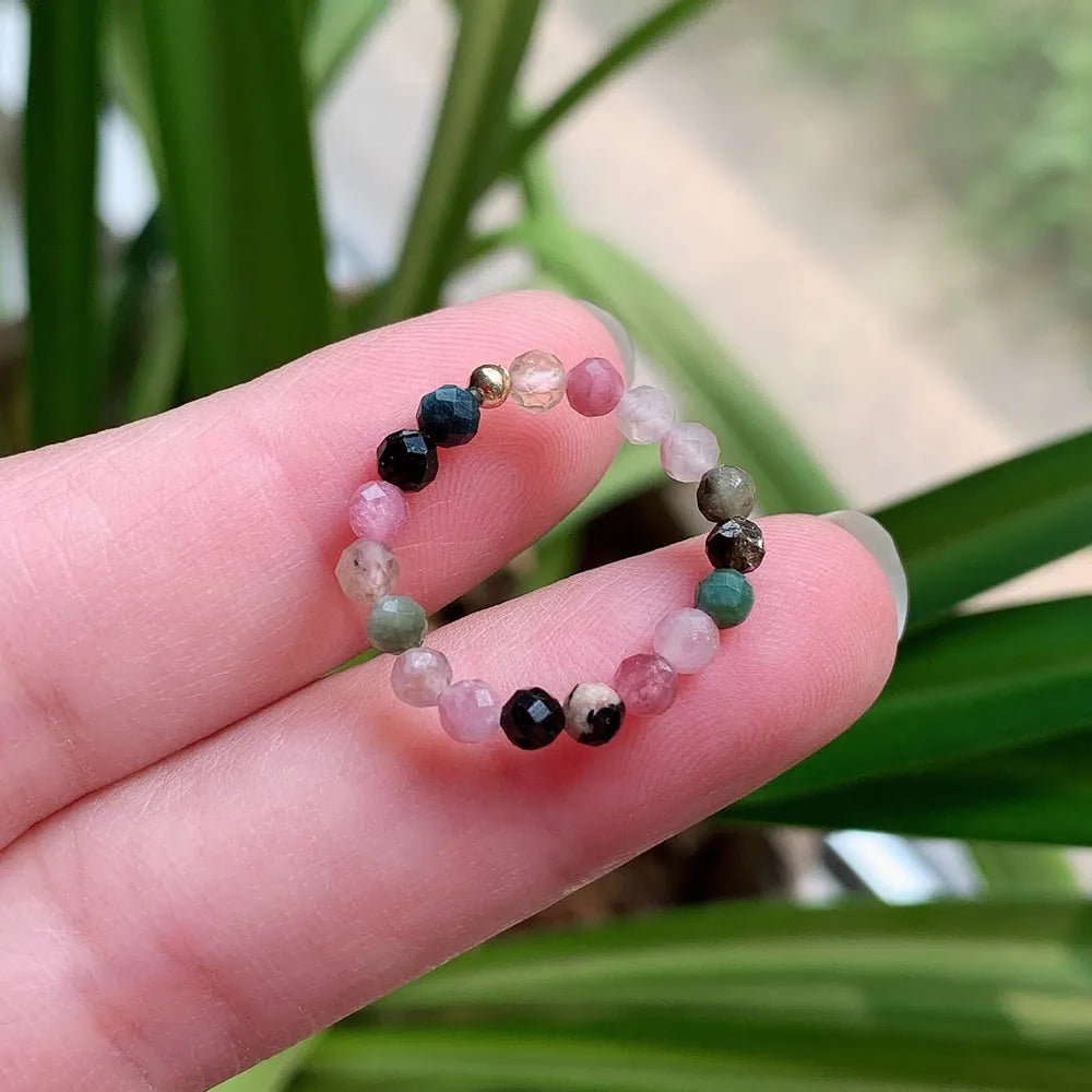 Natural Crystal Rings for Women Small Beads Shiny Quartz Garnets Agates Pink Tourmaline Minimalism Elastic Adjustable Ring Boho