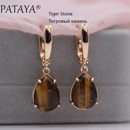 PATAYA New Arrivals Onyx Stripe Water Drop Natural Stone Dangle Long Earrings 585 Rose Gold Color Women Wedding Jewelry Gift