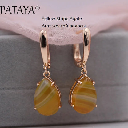 PATAYA New Arrivals Onyx Stripe Water Drop Natural Stone Dangle Long Earrings 585 Rose Gold Color Women Wedding Jewelry Gift