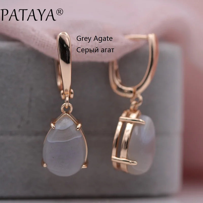 PATAYA New Arrivals Onyx Stripe Water Drop Natural Stone Dangle Long Earrings 585 Rose Gold Color Women Wedding Jewelry Gift