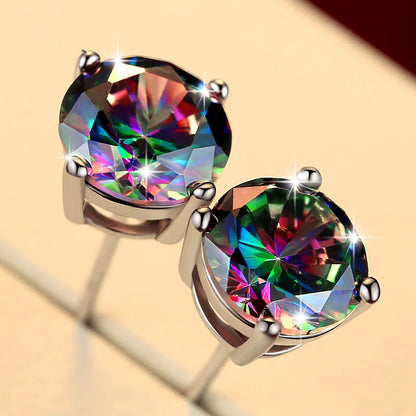 Female Small Rainbow Stone Earrings Crystal Silver Color Wedding Jewelry Colorful Round Sqaure Stud Earrings For Women