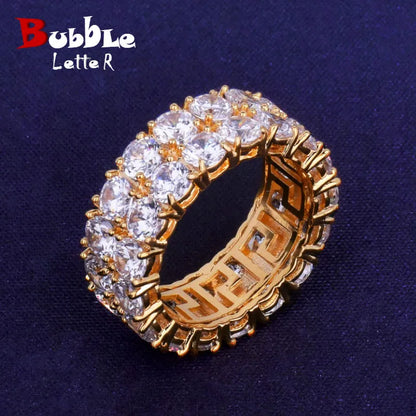 Bubble Letter Two Rows Solitaire Couples Rings for Men Real Copper Gold Color Cubic Zircon Iced Out Fashion Hip Hop Jewelry