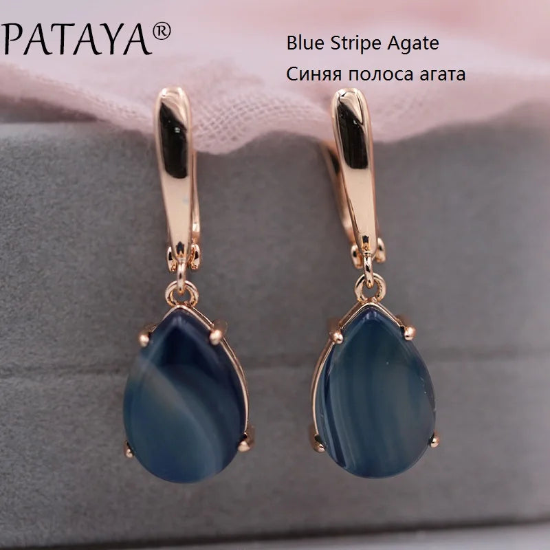 PATAYA New Arrivals Onyx Stripe Water Drop Natural Stone Dangle Long Earrings 585 Rose Gold Color Women Wedding Jewelry Gift