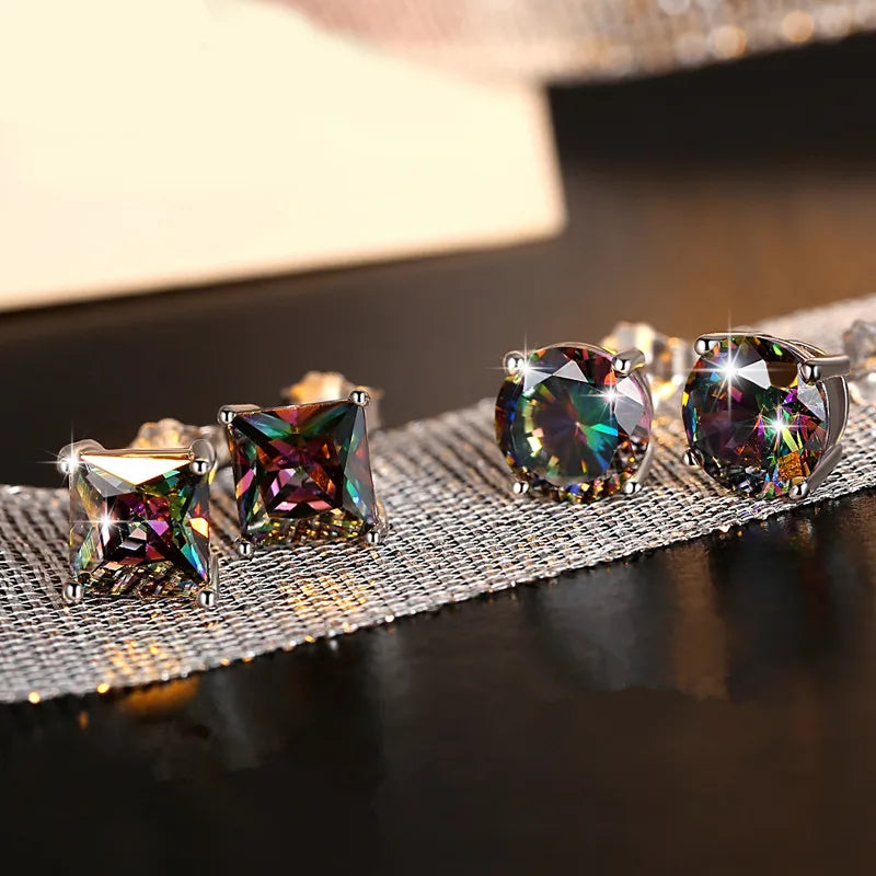 Female Small Rainbow Stone Earrings Crystal Silver Color Wedding Jewelry Colorful Round Sqaure Stud Earrings For Women