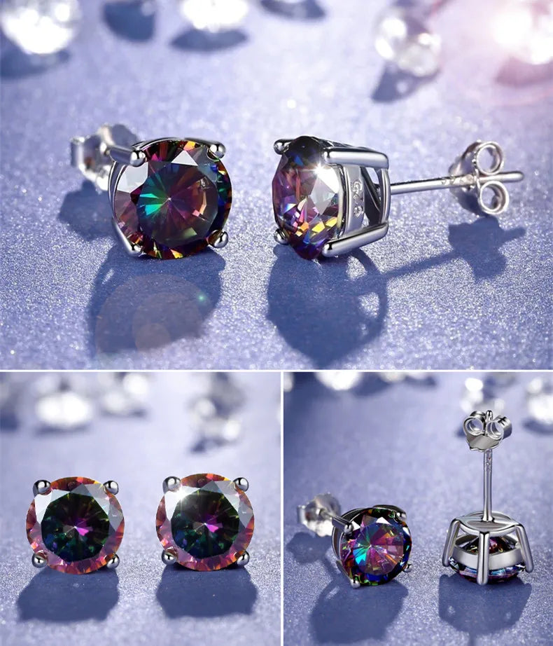 Female Small Rainbow Stone Earrings Crystal Silver Color Wedding Jewelry Colorful Round Sqaure Stud Earrings For Women