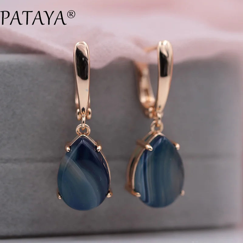 PATAYA New Arrivals Onyx Stripe Water Drop Natural Stone Dangle Long Earrings 585 Rose Gold Color Women Wedding Jewelry Gift