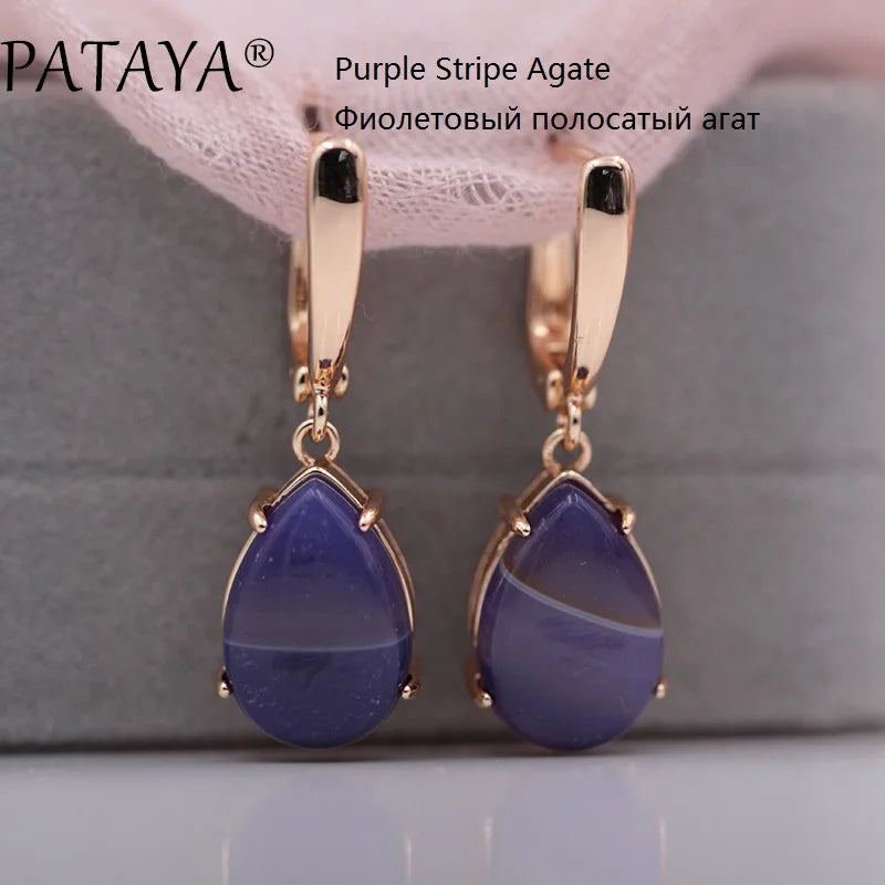 PATAYA New Arrivals Onyx Stripe Water Drop Natural Stone Dangle Long Earrings 585 Rose Gold Color Women Wedding Jewelry Gift