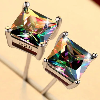 Female Small Rainbow Stone Earrings Crystal Silver Color Wedding Jewelry Colorful Round Sqaure Stud Earrings For Women