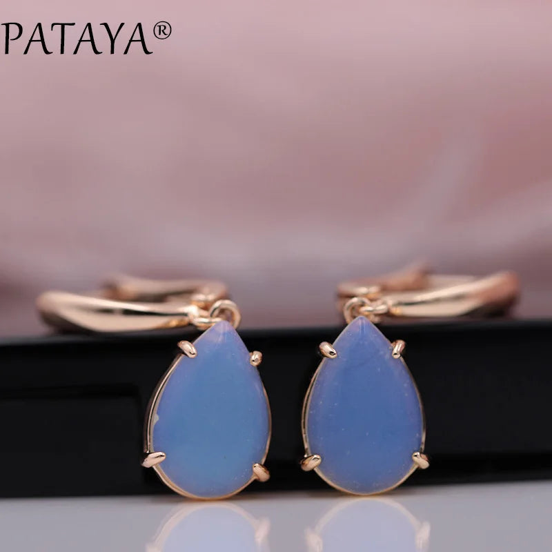 PATAYA New Arrivals Onyx Stripe Water Drop Natural Stone Dangle Long Earrings 585 Rose Gold Color Women Wedding Jewelry Gift