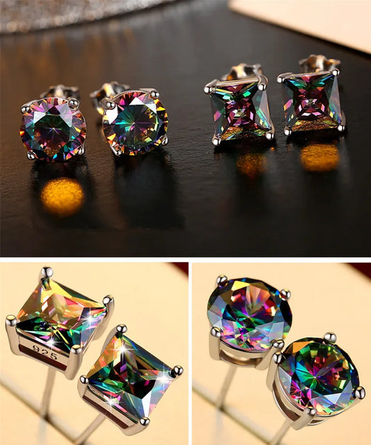 Female Small Rainbow Stone Earrings Crystal Silver Color Wedding Jewelry Colorful Round Sqaure Stud Earrings For Women