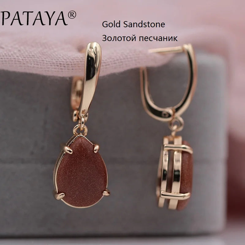 PATAYA New Arrivals Onyx Stripe Water Drop Natural Stone Dangle Long Earrings 585 Rose Gold Color Women Wedding Jewelry Gift