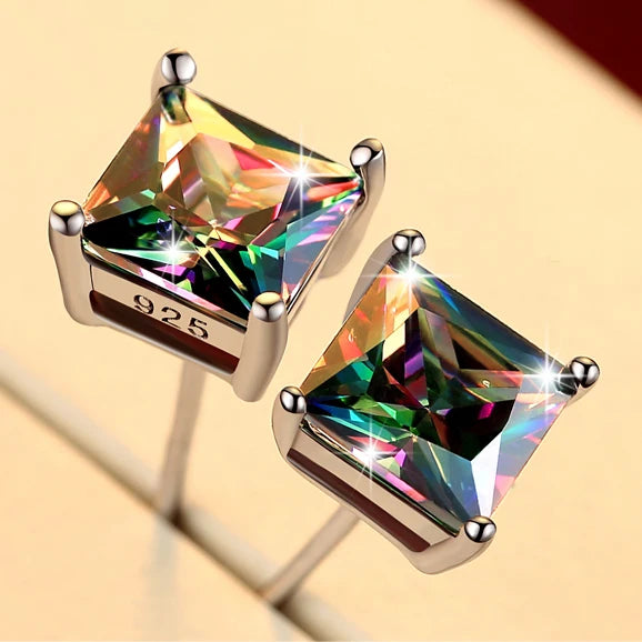 Female Small Rainbow Stone Earrings Crystal Silver Color Wedding Jewelry Colorful Round Sqaure Stud Earrings For Women