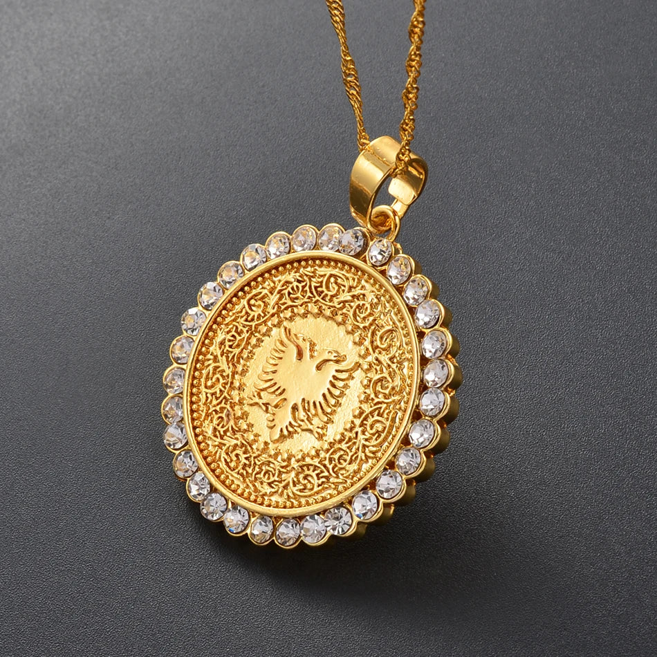 Anniyo Round Albania Eagle Pendant Necklace Gold Color/Silver Color Albanian Charms Jewelry @231606