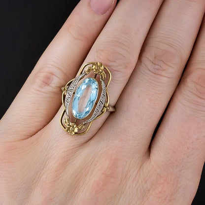 Huitan Vintage Two Tone Flower Design Finger Rings for Women Inlaid Sky Blue Stone Aesthetic Jewelry Party Ring Surprise Gift