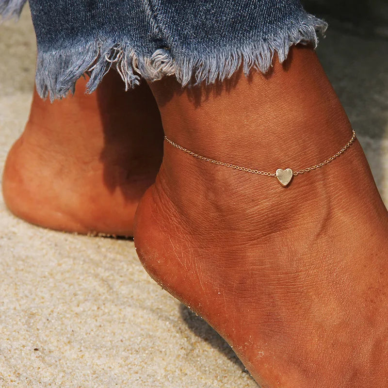 Simple Heart Ankle Layering Pendant Anklet Beaded Foot Jewelry Summer Beach Anklets On Foot Ankle Bracelets For Women Leg Chain