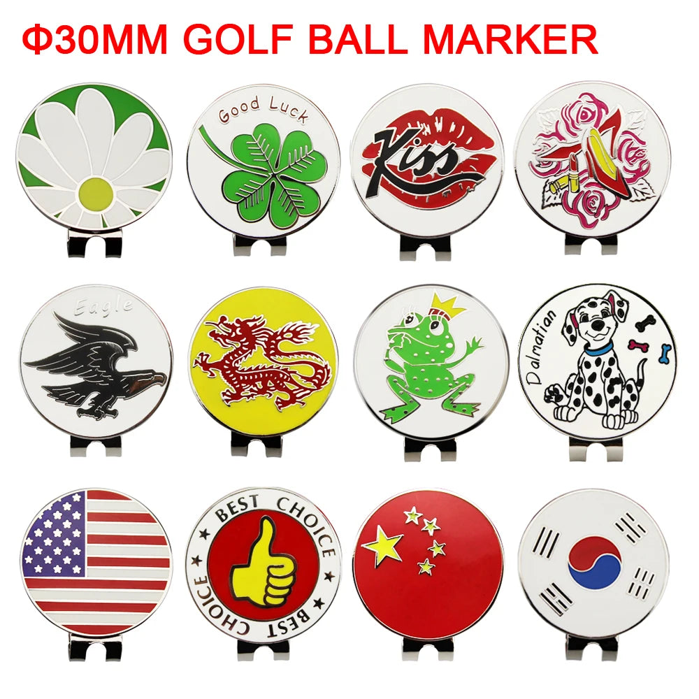 30MM 1.18 inch Golf Ball Marker w Magnetic Golf Cap Hat Clip Mark for golfer Golf Ball shoes Clover national flag Dog Pig flower