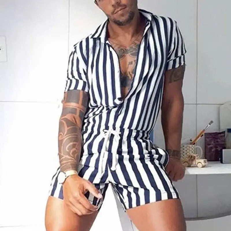 Men's Striped Romper Shorts Fashion Casual Playsuit Short Sleeve Button-down Shorts Lapel Jumpsuit Drawstring Streetwear S-3XL