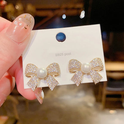 New Brand Sweet Korean Fashion Stylish Simple Charm Zircon Bow Stud Earring For Women Girls Party Cute Jewelry Gift LS649