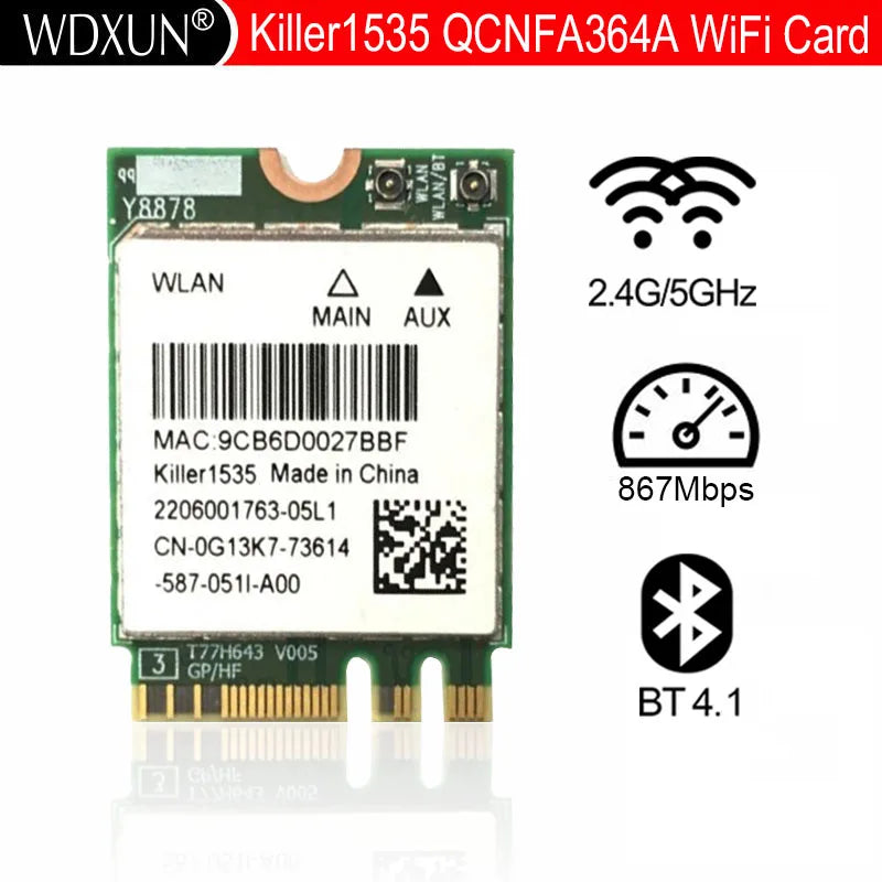 Killer 1535 1525 QCNFA364A AC M.2 NGFF WIFI Card Adapter for MSI GT72/GS60/GE62/GE72/PE60/PE70 for Dell Alienware