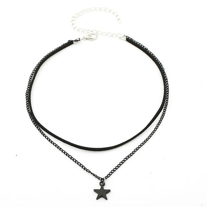 Ladies Womens Two-Rows Black Choker Necklace with Black Chain and Pentagram Star Charm Pendant Multilayer Collar Necklace