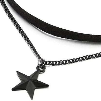 Ladies Womens Two-Rows Black Choker Necklace with Black Chain and Pentagram Star Charm Pendant Multilayer Collar Necklace