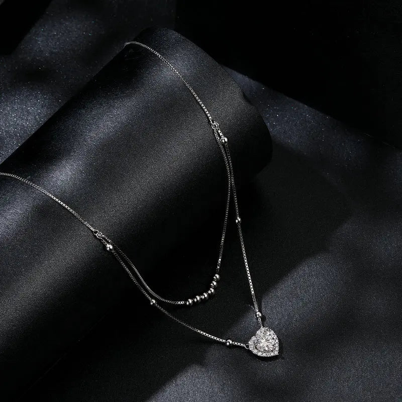 Bamoer U Double-layer 1CT Moissanite Necklace Ajusable Box Chain with Beads Heart Pendant Original For Woman Valentine Gift