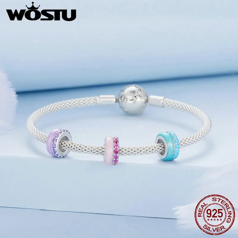 WOSTU 925 Sterling Silver Blue Pink Purple silica Spacer Bead Candy Charms With Shiny Zircon Fit Original Bracelet DIY Necklace