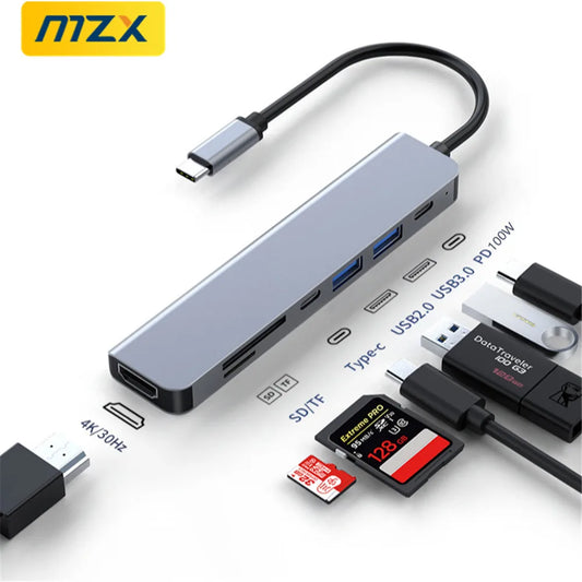 MZX 7in1 Dock Station 4K 30Hz 60Hz HDMI-Compatible USB Hub Multi-hub Type C Tipo Adapter Splitter 3 0 Docking Laptop Accessories