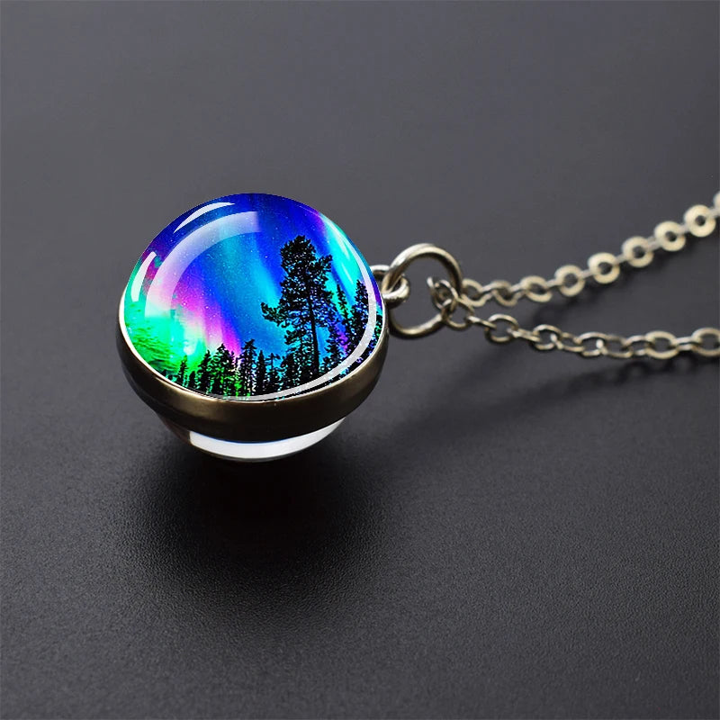 Aurora Borealis Necklaces Polar Light Life Tree Two Sided Pattern Glass Ball Pendant Chains Necklace for Women Men Jewelry Gift